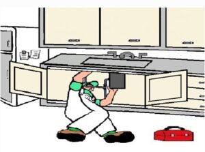 plumber working under sink on disposal