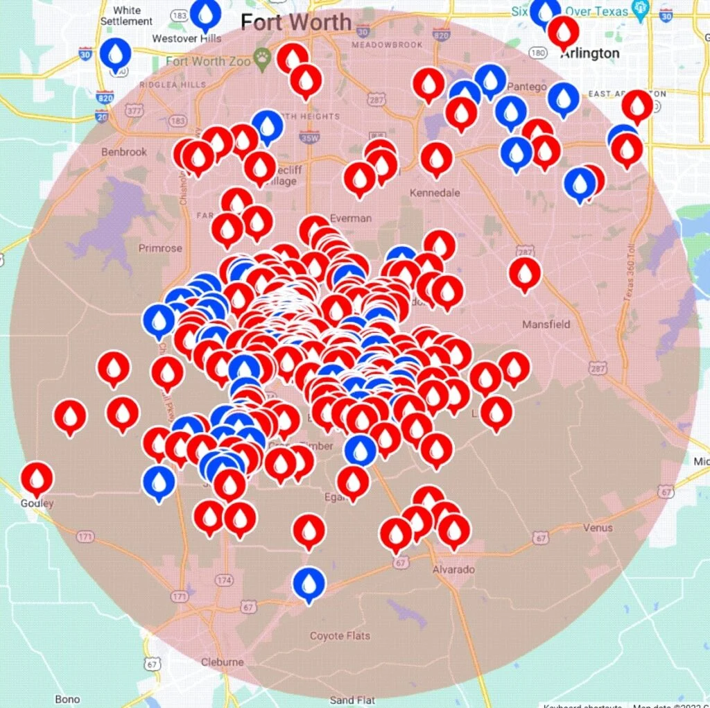 Map showing Dependable Plumbing's service radius across Burleson, Fort Worth, Arlington and South DFW