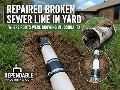 Replaced section of PVC sewer line secured with couplings in a Joshua, TX backyard after root damage