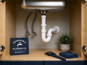 Plumber replacing a leaking P-trap under a kitchen sink in a Burleson, TX home