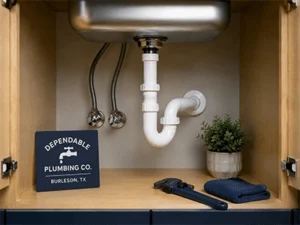 Plumber replacing a leaking P-trap under a kitchen sink in a Burleson, TX home