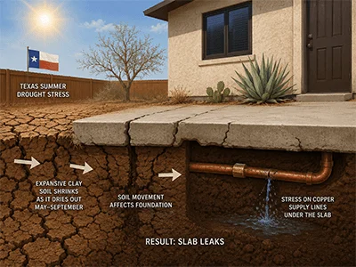 Cracked dry soil pulling away from a home foundation in Burleson, TX during summer drought