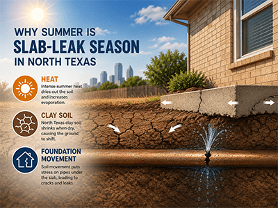 Dry cracked clay soil pulling away from a home foundation during summer in Burleson, TX