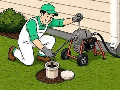 drain cleaning machine cleaning through yard cleanout