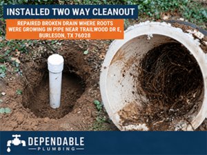 Two-way cleanout installed in the yard of a Burleson, TX home after repairing a root-damaged drain line