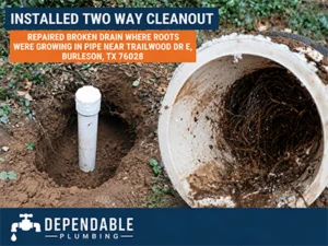 Two-way cleanout installed in the yard of a Burleson, TX home after repairing a root-damaged drain line