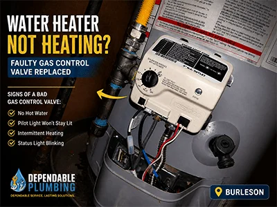 Replacement gas control valve installed on a residential water heater in Burleson, TX
