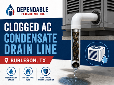 PVC AC condensate drain line being cleared of a clog at a Burleson, TX home