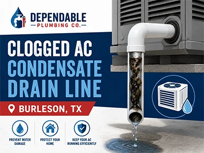 PVC AC condensate drain line being cleared of a clog at a Burleson, TX home