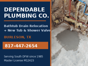 Relocated bathtub drain set in fresh concrete with new tub and shower valve supply lines in a Burleson, TX home