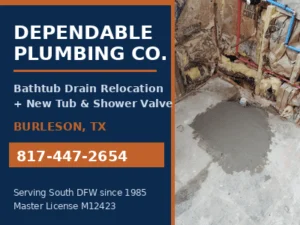 Relocated bathtub drain set in fresh concrete with new tub and shower valve supply lines in a Burleson, TX home