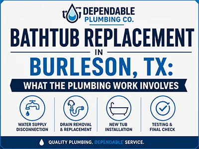 Newly installed white alcove bathtub with finished drain and supply connections in a Burleson, TX bathroom