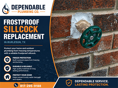 Newly installed green-handle frostproof sillcock on the brick exterior of a Burleson, TX home