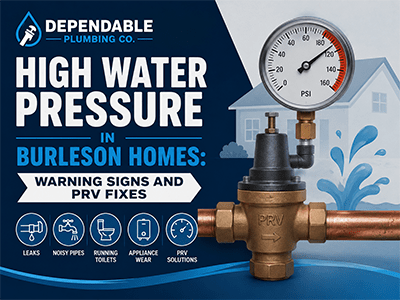 Pressure gauge on a Burleson, TX home showing high water pressure above 80 psi