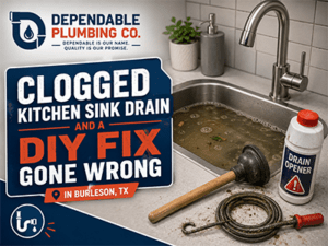 New drain assembly installed under a kitchen sink after a clog repair in a Burleson, TX home