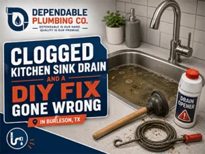New drain assembly installed under a kitchen sink after a clog repair in a Burleson, TX home