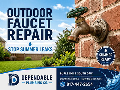 Plumber repairing a leaking outdoor faucet on the exterior wall of a Burleson, TX home
