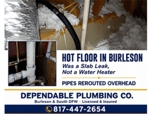 Overhead pipe re-route fixing a hot water slab leak in a Burleson, TX home foundation beam