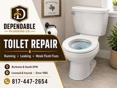 Plumber adjusting the fill valve inside an open toilet tank in a Burleson, TX home