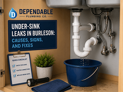 Plumber repairing a leaking P-trap in the cabinet under a Burleson, TX kitchen sink