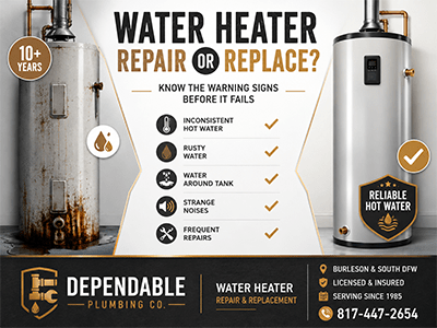 Plumber inspecting a tank water heater to decide on repair or replacement in a Burleson, TX home