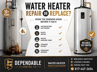 Plumber inspecting a tank water heater to decide on repair or replacement in a Burleson, TX home
