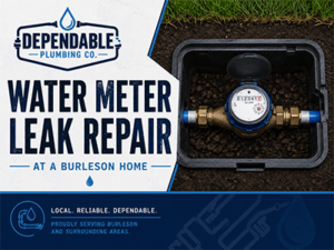 Plumber repairing a water line leak near the water meter at a Burleson, TX home