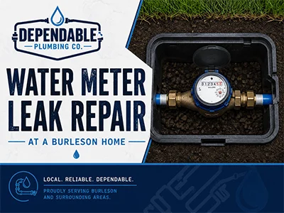Plumber repairing a water line leak near the water meter at a Burleson, TX home