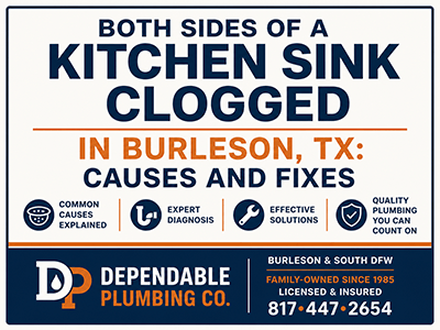Plumber clearing a clogged double-basin kitchen sink drain in a Burleson, TX home