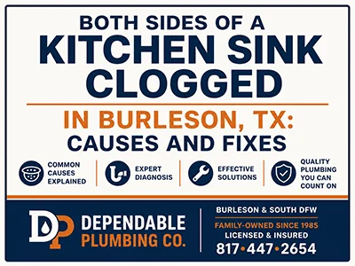 Plumber clearing a clogged double-basin kitchen sink drain in a Burleson, TX home