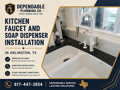 New white pull-down kitchen faucet and soap dispenser installed at an Arlington, TX home