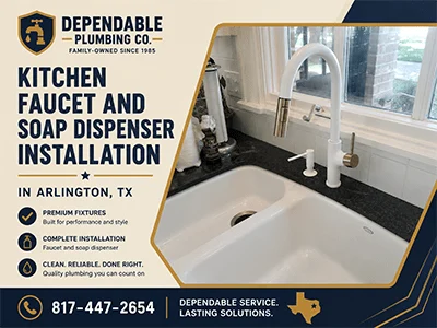 New white pull-down kitchen faucet and soap dispenser installed at an Arlington, TX home