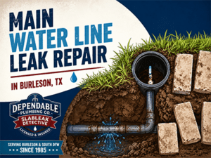 Exposed main water line shutoff valve in an excavated Burleson, TX yard after a leak repair