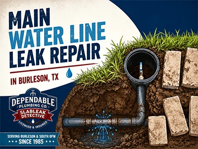 Exposed main water line shutoff valve in an excavated Burleson, TX yard after a leak repair