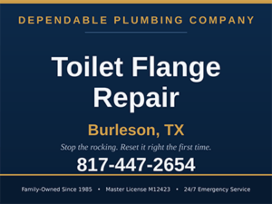 Plumber repairing a toilet flange set too high to stop a rocking toilet in a Burleson, TX bathroom