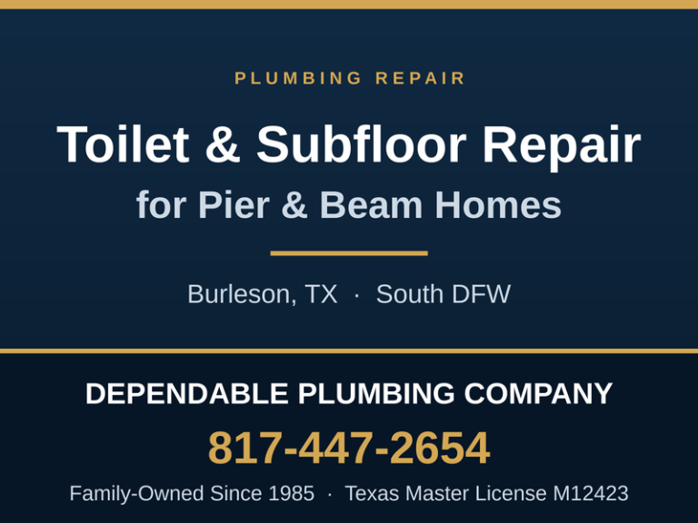 Damaged wood subfloor exposed beneath a toilet in a pier and beam home in Burleson, TX
