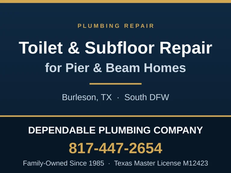 Damaged wood subfloor exposed beneath a toilet in a pier and beam home in Burleson, TX