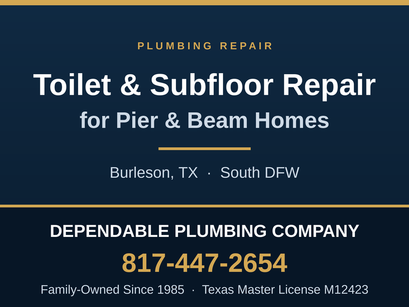 Damaged wood subfloor exposed beneath a toilet in a pier and beam home in Burleson, TX