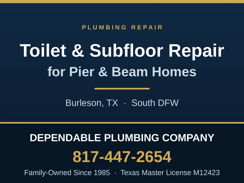 Damaged wood subfloor exposed beneath a toilet in a pier and beam home in Burleson, TX
