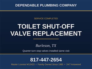 Plumber installing a new quarter-turn shut-off valve on the water supply behind a toilet in a Burleson, TX home