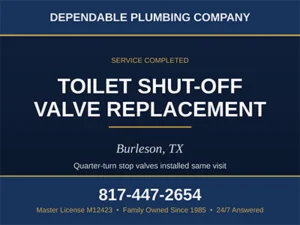 Plumber installing a new quarter-turn shut-off valve on the water supply behind a toilet in a Burleson, TX home