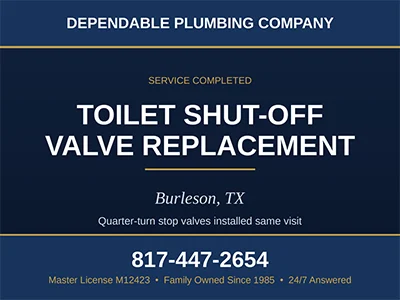 Plumber installing a new quarter-turn shut-off valve on the water supply behind a toilet in a Burleson, TX home