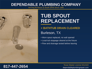Chrome tub spout and two-handle valve above a bathtub drain in a Burleson, TX bathroom